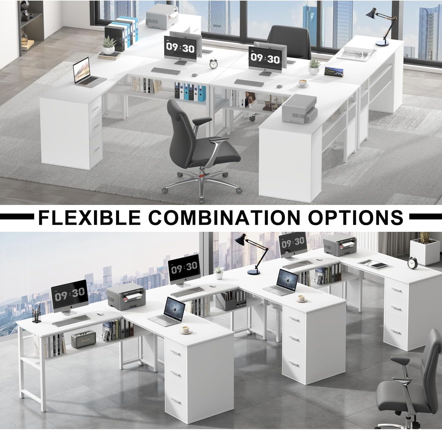 LVB White L Shaped Corner Desk with Drawers, Reversible Modern L-Shaped Computer Desk with Storage Cabinet Shelves, Large Wood Metal L Shape Home Office Desk for Work Study Writing Gaming, 59 Inch