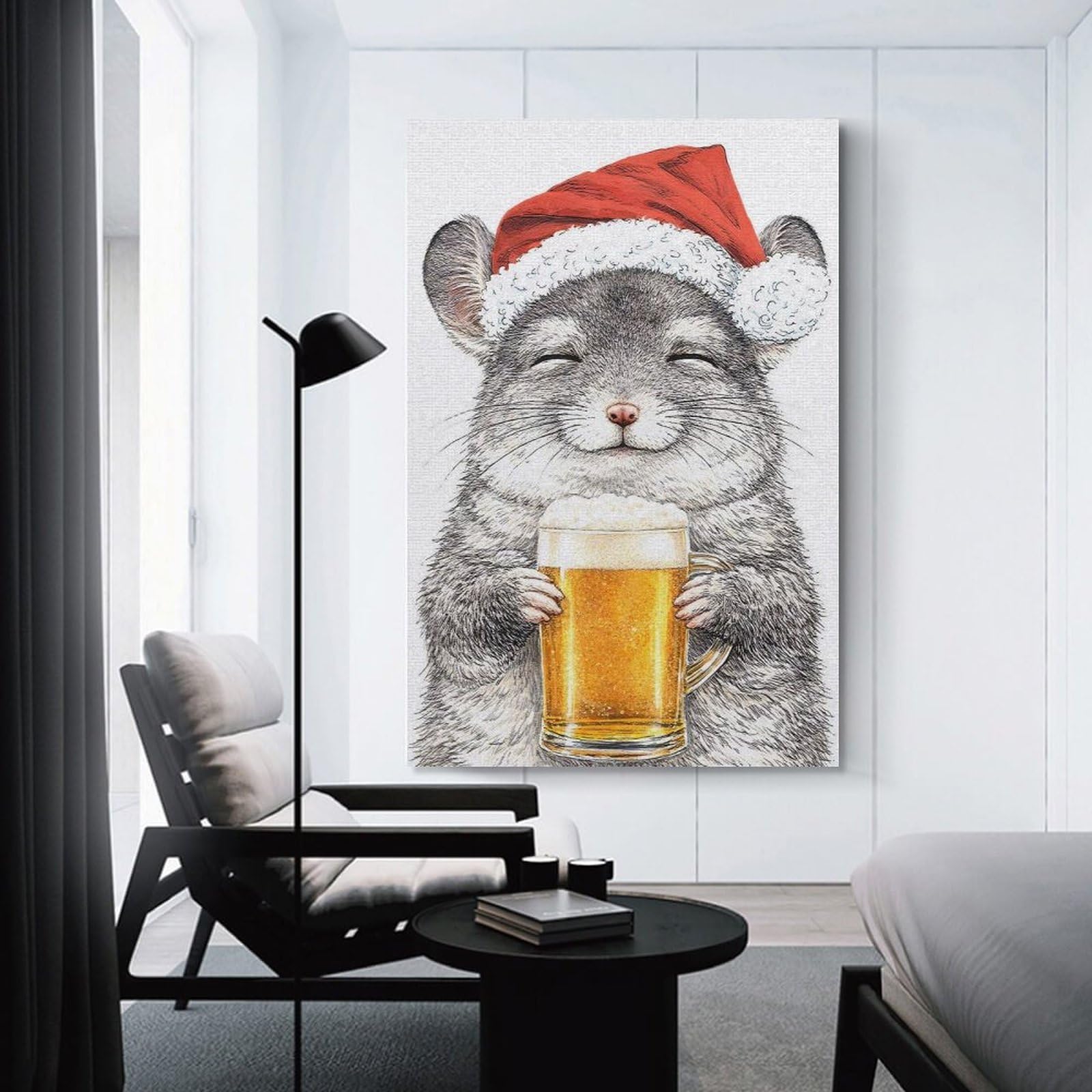 Junmoney Canvas Wall Decor Chinchilla in Santa Hat with Beer, 24x36inch(60x90cm), for Living Room, Bedroom, Office Or Hallway, Decorative Artwork with Broad Appeal