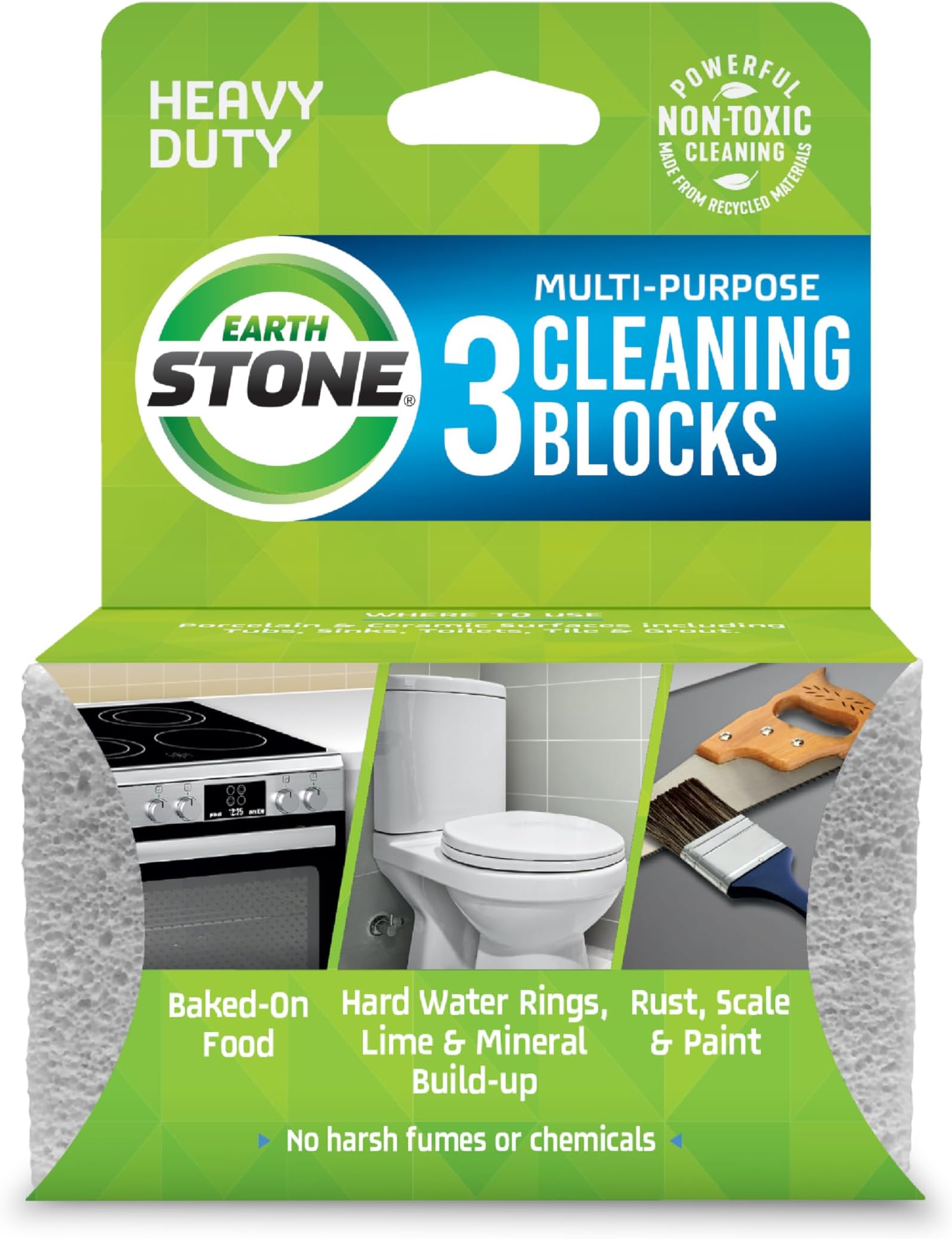 EarthStone Multi-Purpose Cleaning Block, For Kitchens, Bathrooms, Tools, and More, Made in the USA, 3-Pack