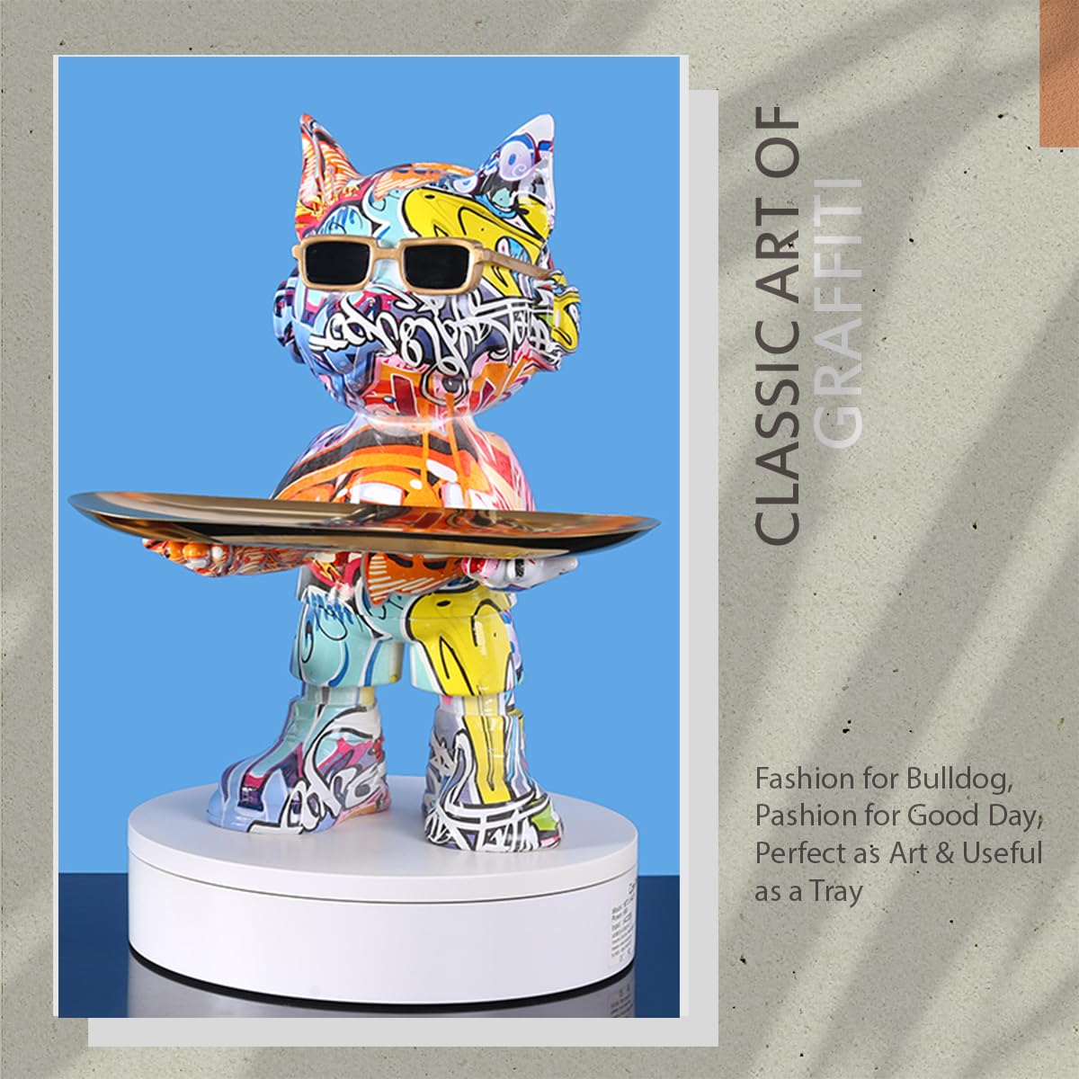 French Bulldog Statue with Candy Tray - Resin Bulldog Sculpture for Home Decoration & Entryway, Graffiti With a Tray, 28 x 22.2 x 17 cm - Image 3