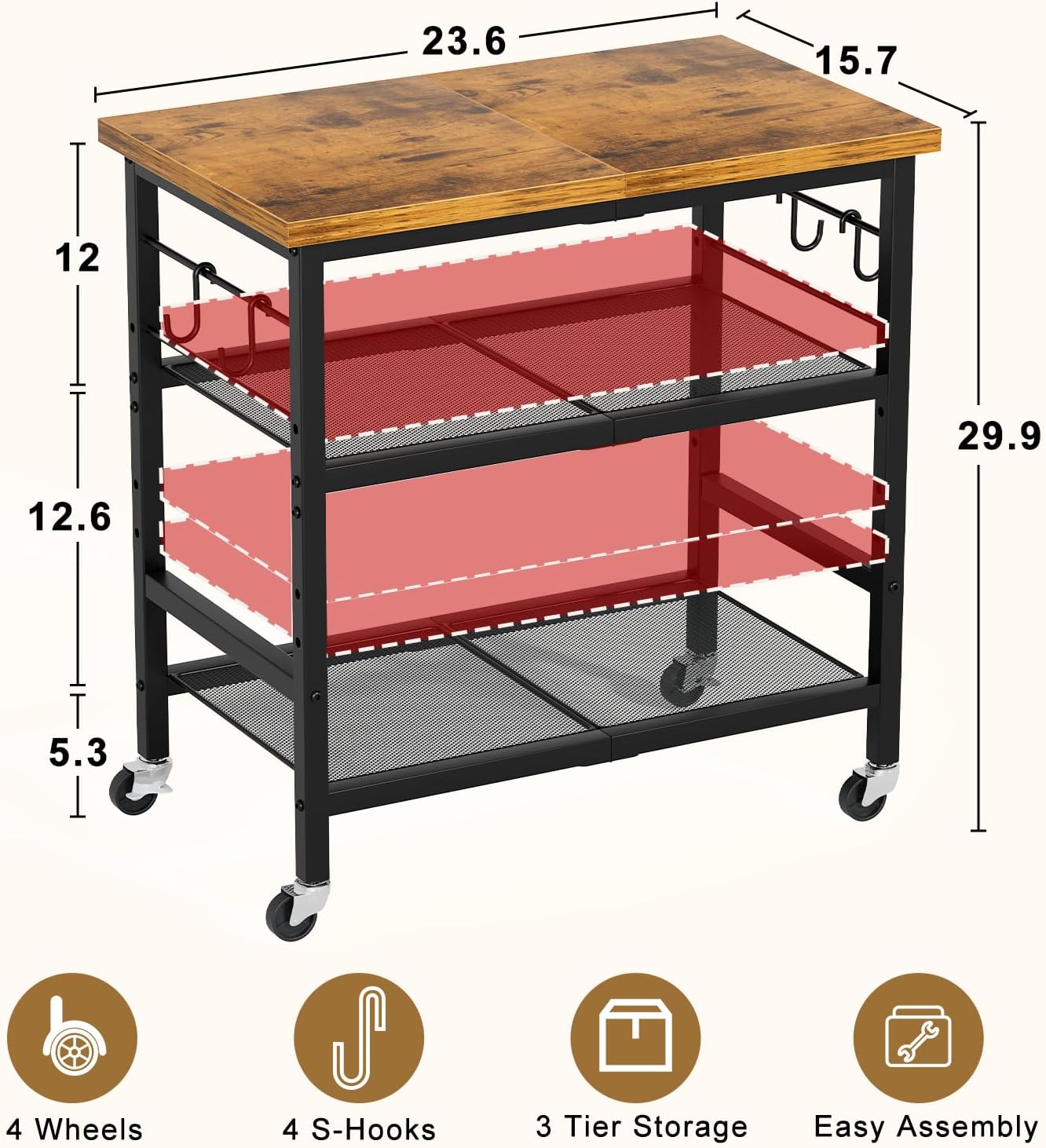 Rolling Kitchen Microwave Cart, 3 Tier Microwave Stand with Wheels, Bathroom Organizers and Storage Shelf, Coffee Bar Table Station, Utility Side Table for Kitchen, Living Room Office, Brown