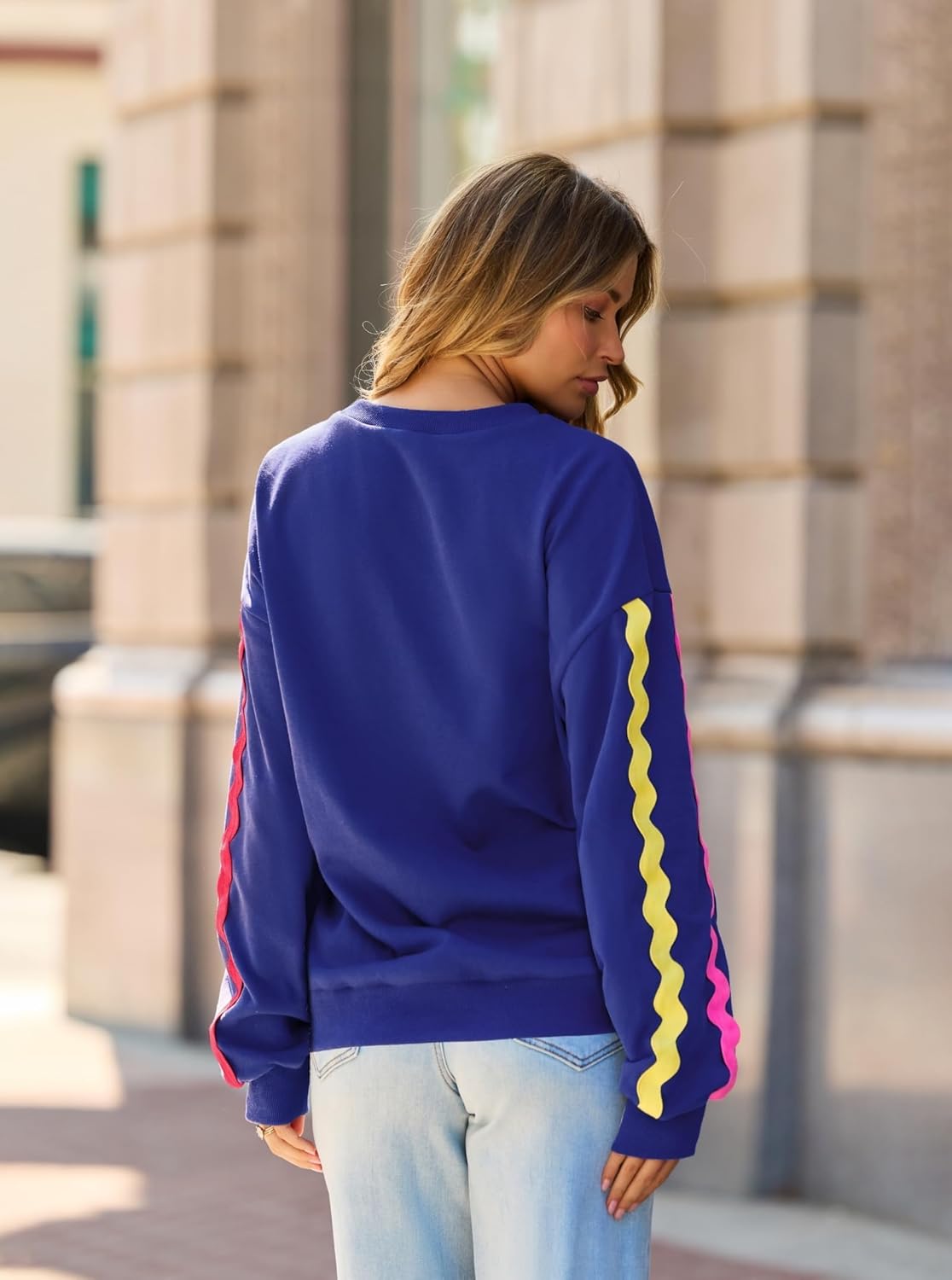 popvil Womens Crewneck Sweatshirts Oversized Neon Stripes Tops Casual Long Sleeve Pullover 2025 Fall Clothes - Image 2