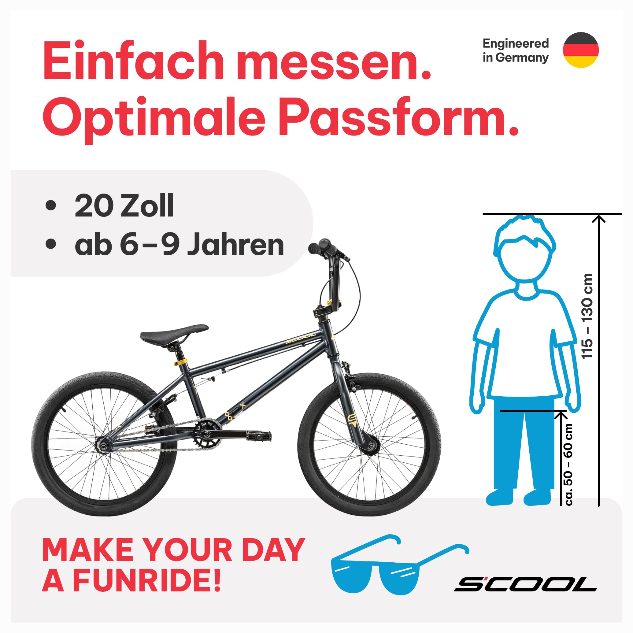 S’COOL Kinderfahrrad 20 Zoll, Kinder BMX Fahrrad – BMX für Kinder ab 6 Jahren – Körpergröße ab ca. 120 cm – Freestyle & Stunt Bike – 1-Gang XtriX BMX