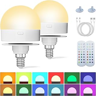 Rechargeable Light Bulb with Remote Control: E12 Wireless LED Bulbs 3 Color Temperatures + 12 RGB Colors, Timer Magnetic Puck Light for Sconces and Lamp, 2000mAh Battery Powered USB Charging, 2pcs