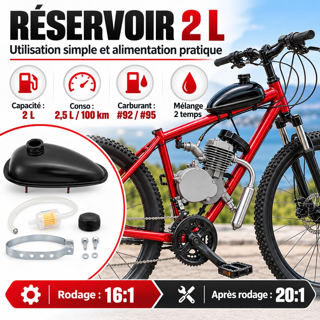 Kit motore per bicicletta da 80 cc, motore a benzina a 2 tempi, monocilindrico raffreddato ad aria, con accensione CDI, catena a 44 denti, serbatoio da 2 l, per telai da 26-28 pollici, portata massima