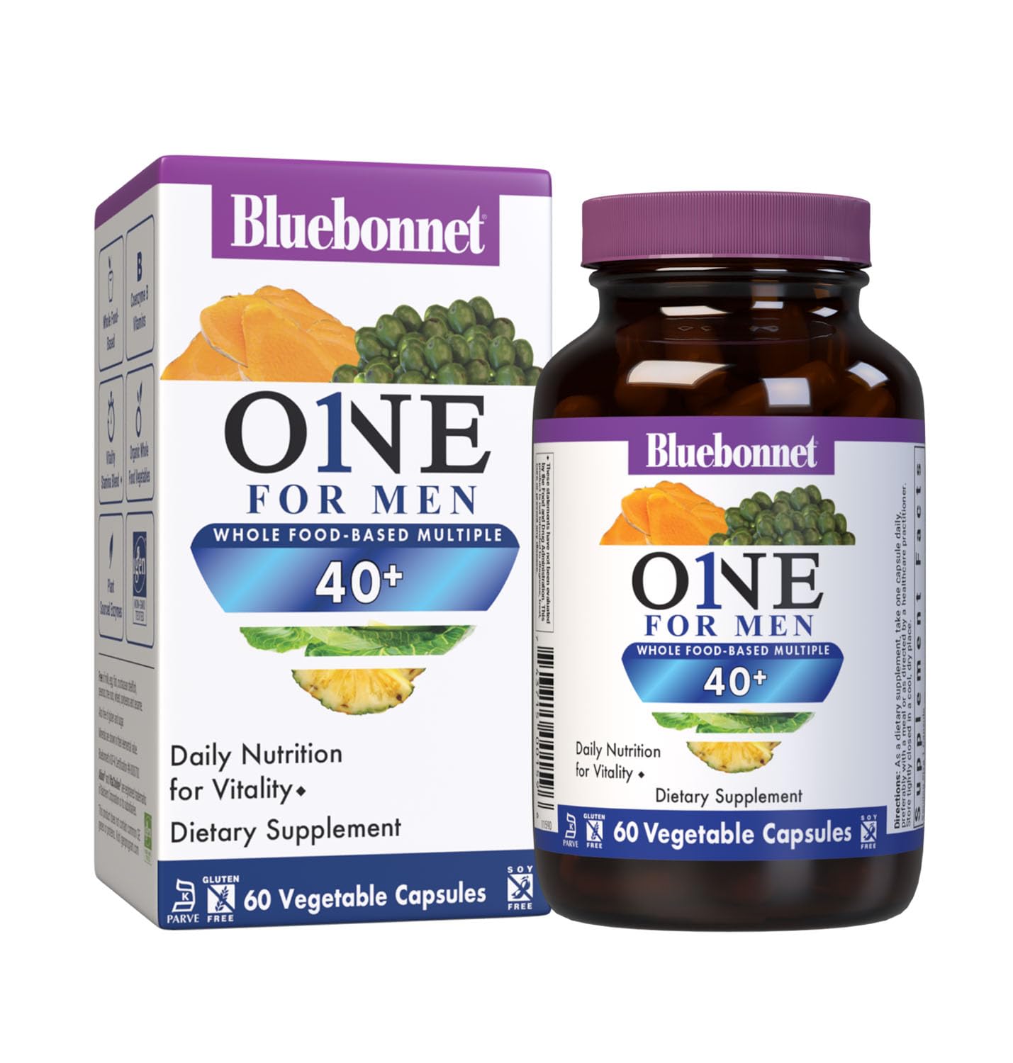 Bluebonnet Nutrition Mens' ONE 40+ Whole Food-Based Multiple, Men Multivitamin for Men 40+, Soy-Free, Non-GMO, Gluten Free, Kosher, 60 Vegetable Capsules, 60 Servings