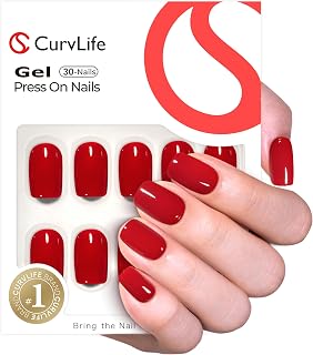 Curvlife Soft Gel Short Press on Nails Clear Red Oval - Glossy Christmas Fake Nails, 15 Sizes Reusable Kit w/ Glue & Tabs