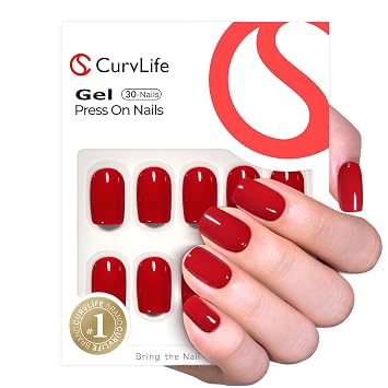 Curvlife Soft Gel Short Press on Nails - Clear Red Oval Fake Nails Solid Glossy Christmas Design Full Cover 15 Sizes Gel Nails, Women Reusable Nail Kit with Nail Glue Adhesive Tabs
