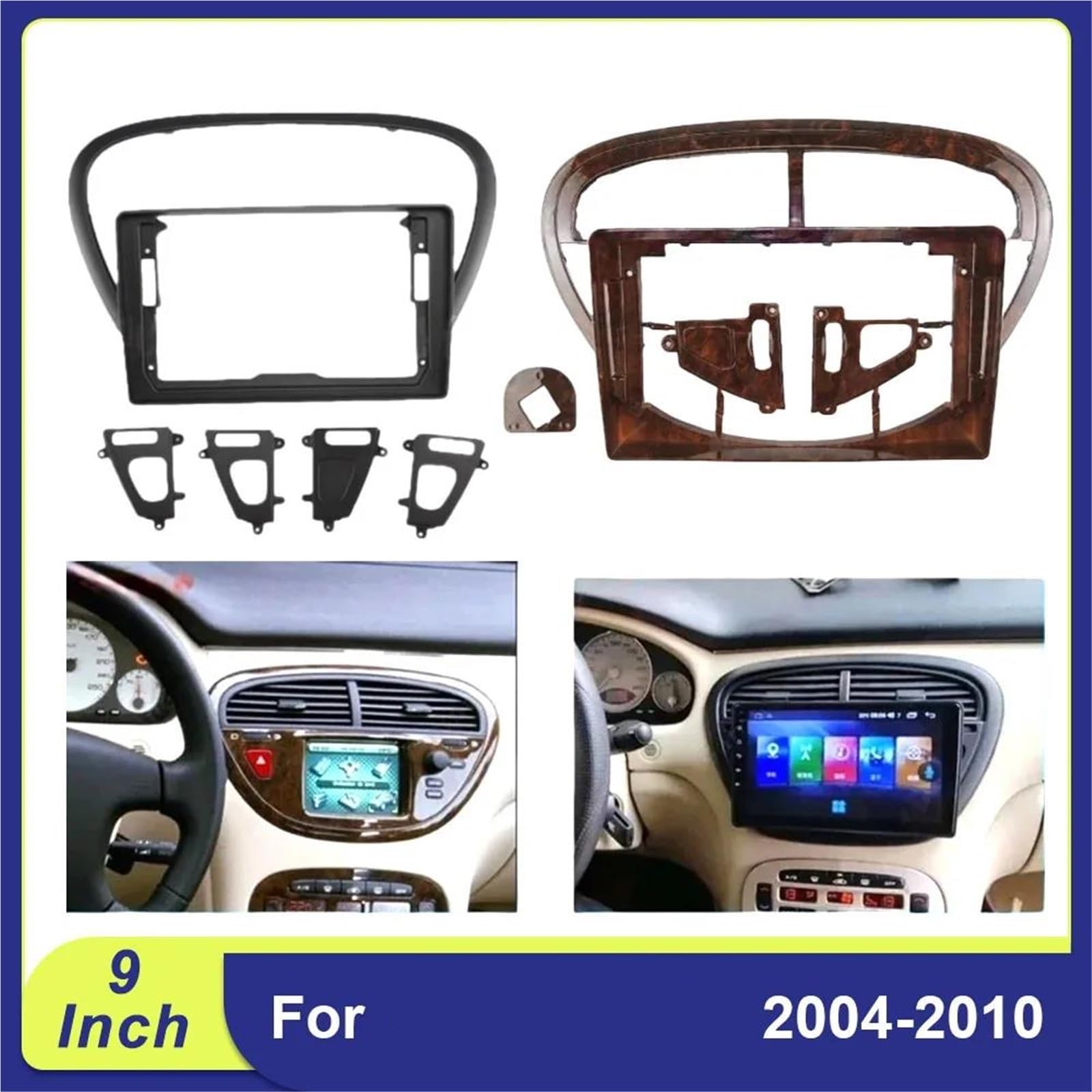 Générique Cadre de façade d'autoradio Fascia De Cadre De Voiture De 9 Pouces pour Peugeot pour 607 2004-2010 Panneau D’autoradio | Wooden Frame