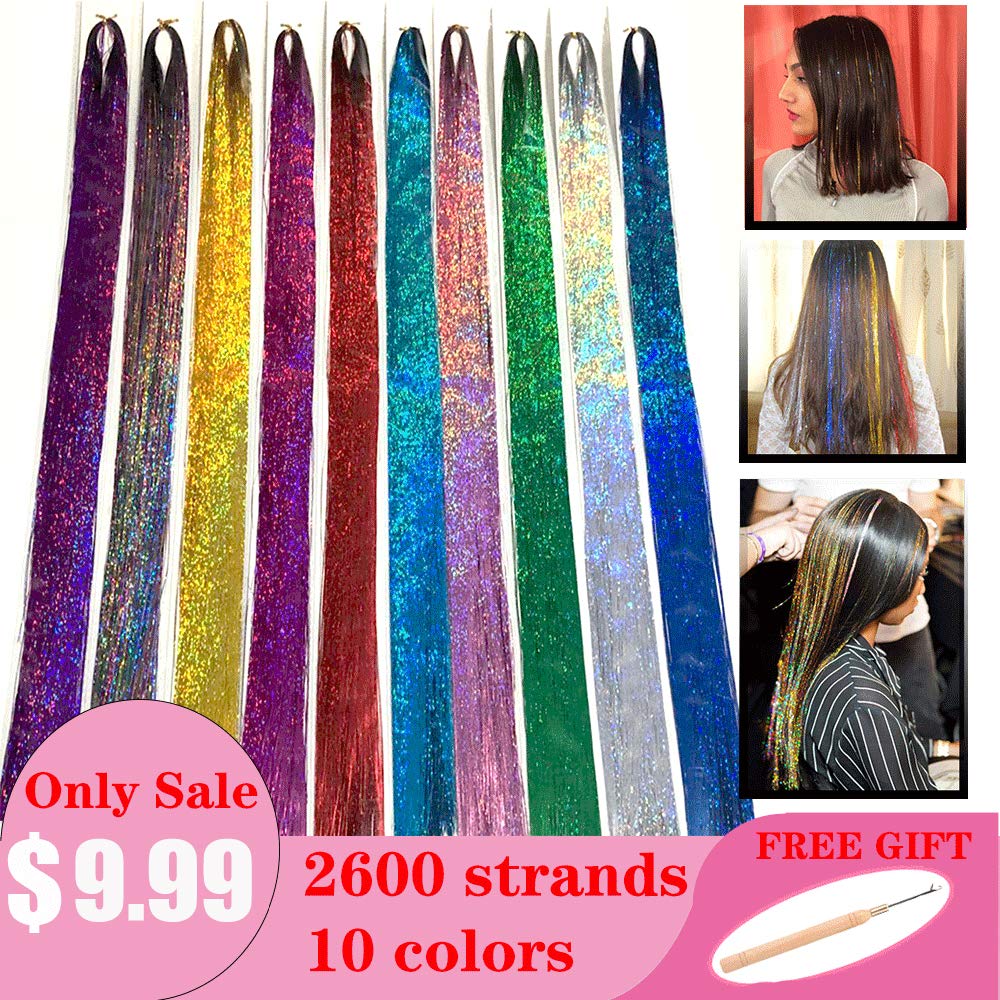 Amazon.com : FAONIE 44" Hair Tinsel Kit With Tool 2600 Strands 10 colors  Shiny Sparkle Fairy Hair Streaks Bling Hairpieces Glitter Tinsel Hair  Extensions (2600 Strands) : Beauty & Personal Care