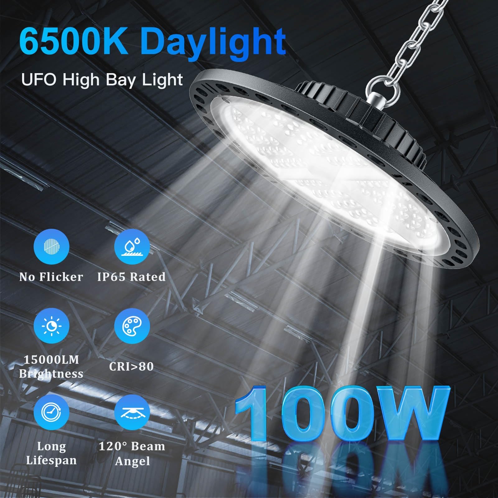 100W UFO LED Lámpara de Alta Bahía, 2 Paquetes 10000LM Focos Led Nave Industrial 6500K Blanco Frío, IP65 Impermeable High Bay Luces para Techo de Taller, Garaje, Fábrica, Almacenes, Estadio