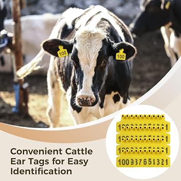 100PCS Cattle Ear Tags, Plastic Livestock Ear Tag for Sheep Cattle Calf Hog,001-100 Number Laser Printed, Easy Use with Round Livestock Identification Tools