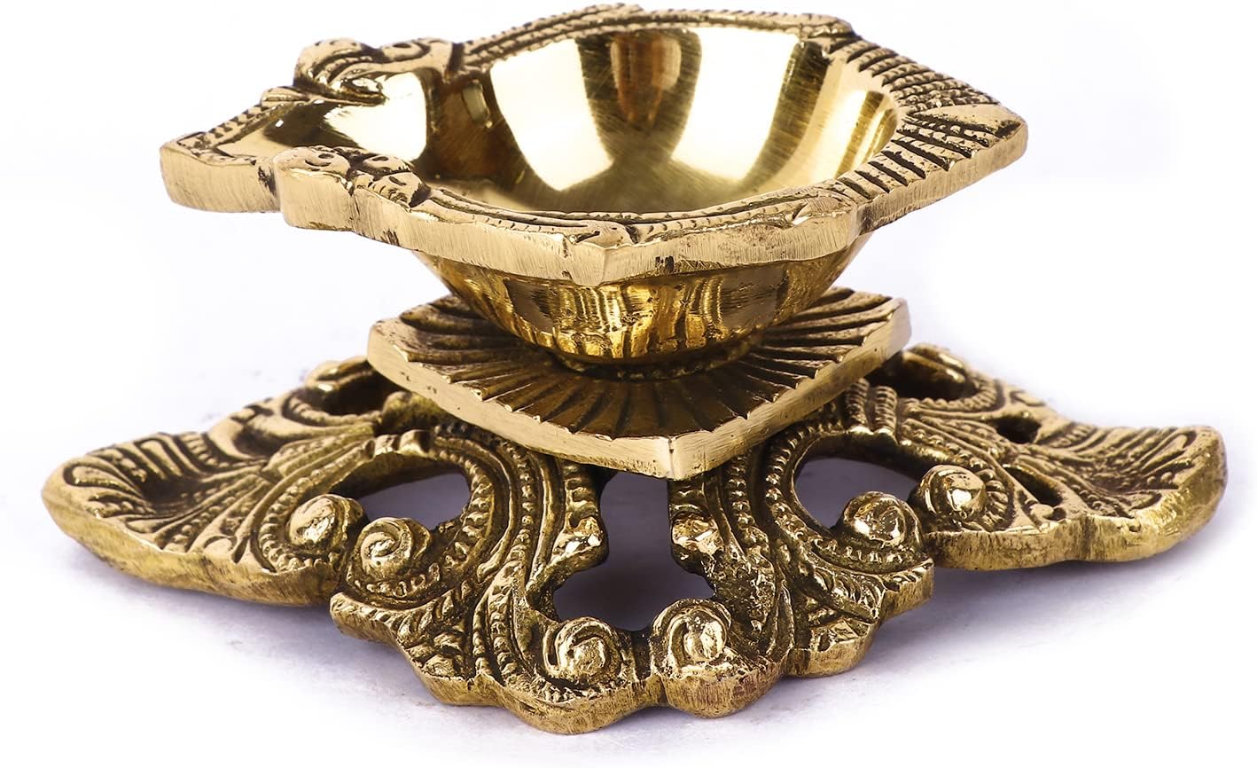 SATVIK 1 Pc Brass Antique Designer Diya for Home Decor Traditional Indian Festive Diwali Puja Pooja Mandir Home Temple Oil Lamp Dia Indian Housewarming Return Gift Items