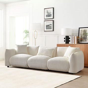 WILLIAMSPACE 102.36 Sectional Sofa Couch for Living Room, Modern Back Upholstered Cloud Boucle Couch with 3 Throw Pillows, 4 Seat Teddy Deep Seat Boucle Sofa for Apartment, Office (Beige)