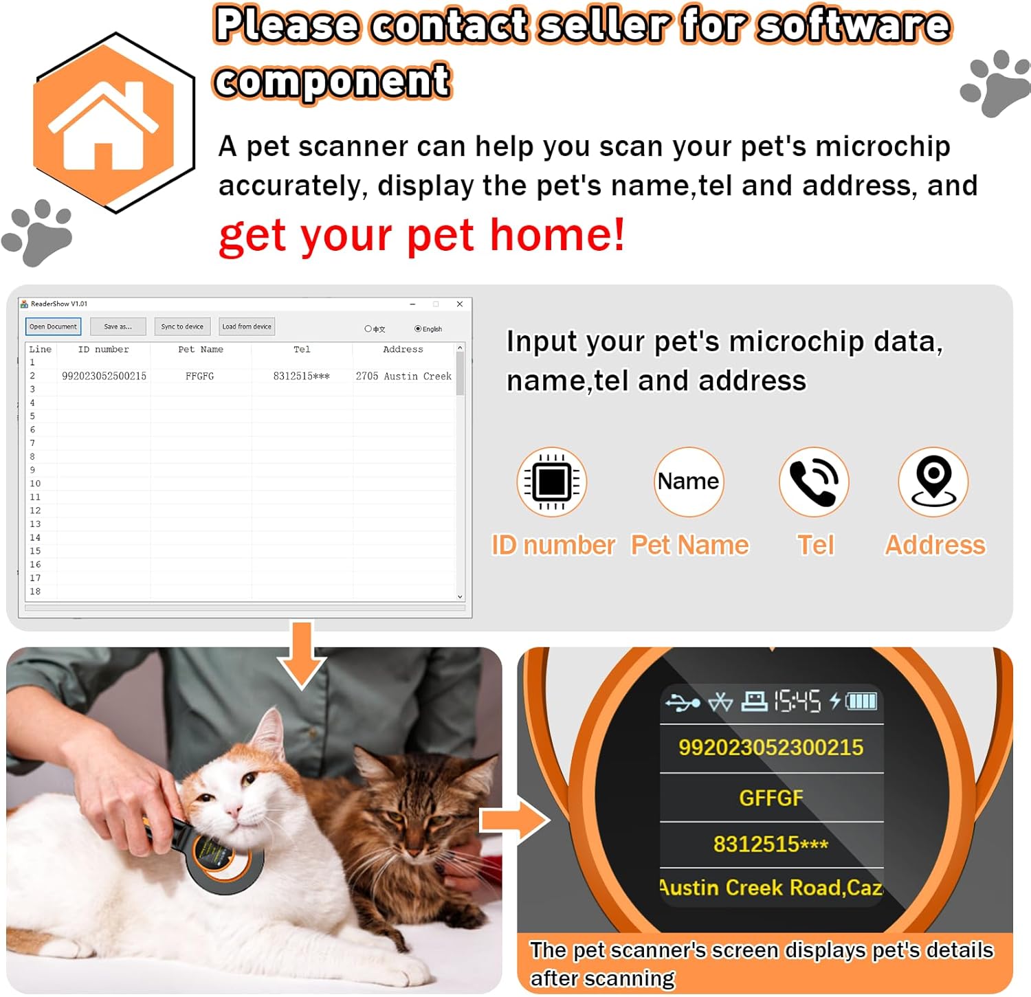 Symcode Pet Microchip Scanner RFID EMID Micro Chip Reader with 1.44IN TFT Display 134.2kHz 125kHz 15 Digits Pet Chip ID Scanner with Delete History Data Function