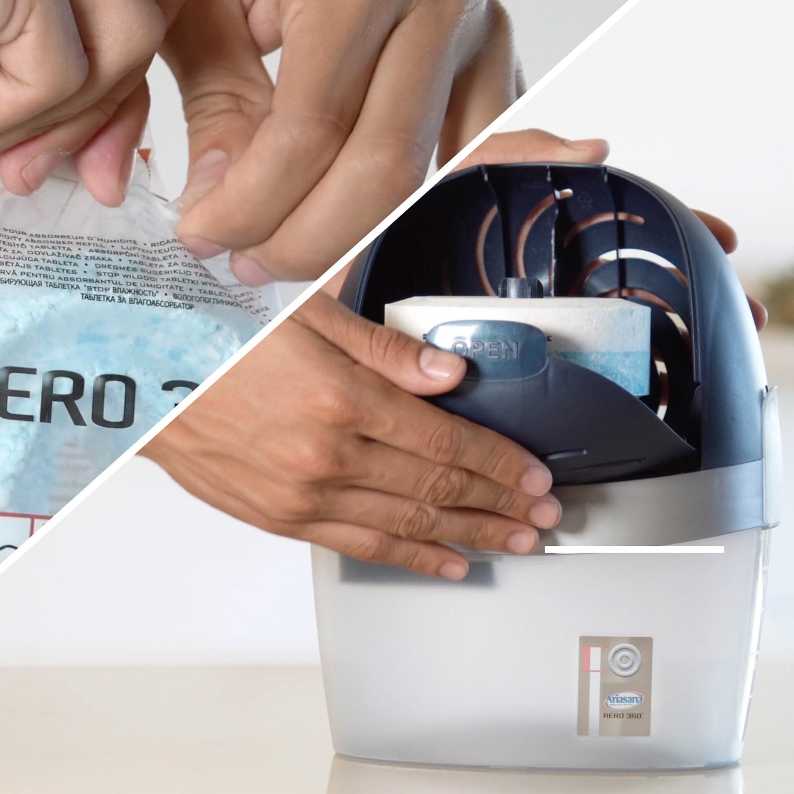 Ariasana Aero 360° Assorbiumidità Antiodore 2in1 Deumidificatore in Plastica Riciclata Non Elettrico Previene Condensa Muffa Cattivi Odori con Ricarica Tab da 450g - 2 Deumidificatori