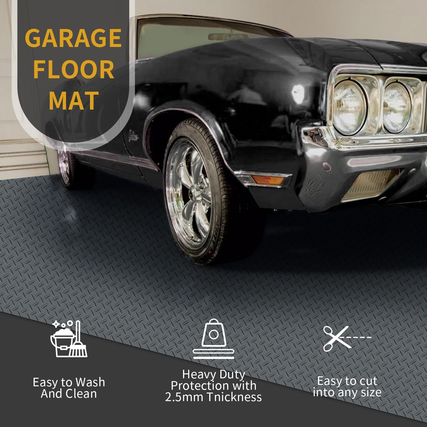 4x10FT Garage Floor Mat, Garage Floor Roll for Under Car, Golf Cart Parking Mat, Diamond Plate PVC Rubber Motorcycle Mat, Non-Slip Floor Protector for Garage Warehouse Trailer