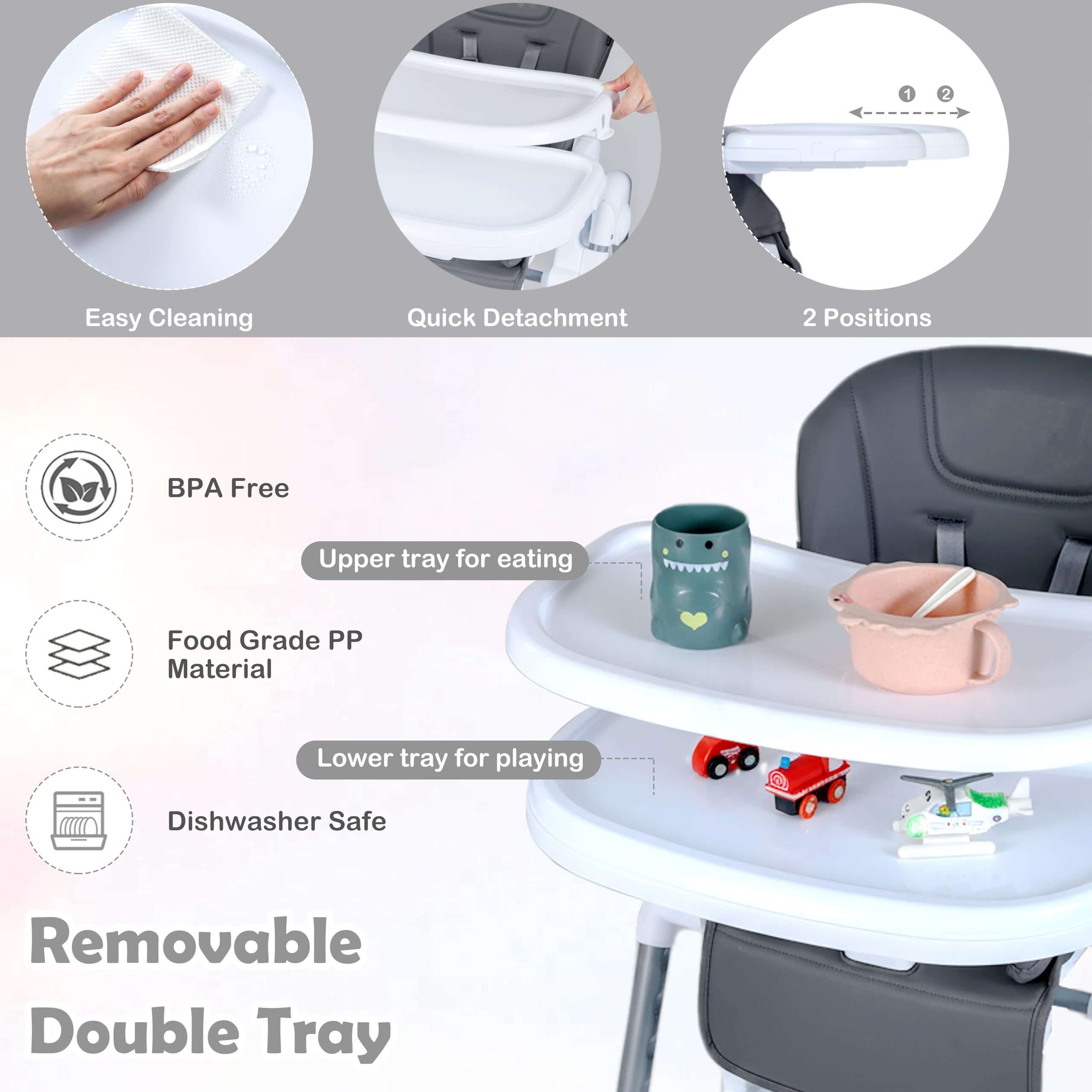 LIFEZEAL Trona Evolutiva para Niños de 6 a 36 Meses, Silla Alta Plegable Reclinable con Altura Ajustable, Cinturón de Seguridad de 5 Puntos, Doble Bandeja Extraíble y Ruedas (Gris oscuro)