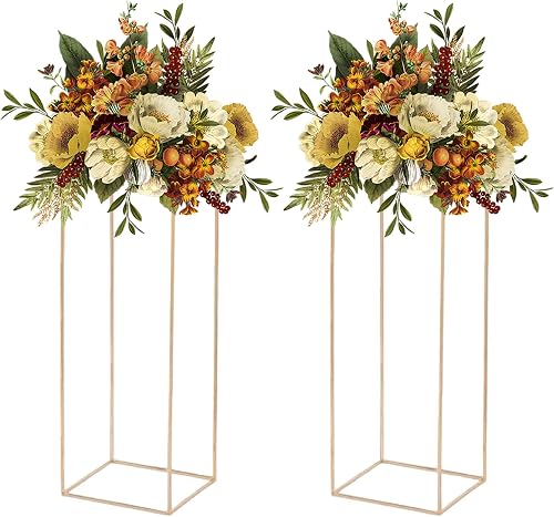 2 Pcs Gold Flower Stand Metal Flower Floor Vase for Tables 31.5in | Column Geometric Centerpieces Flower Stand for Geometric Centerpieces, Wedding Event, Decoration Home, Party