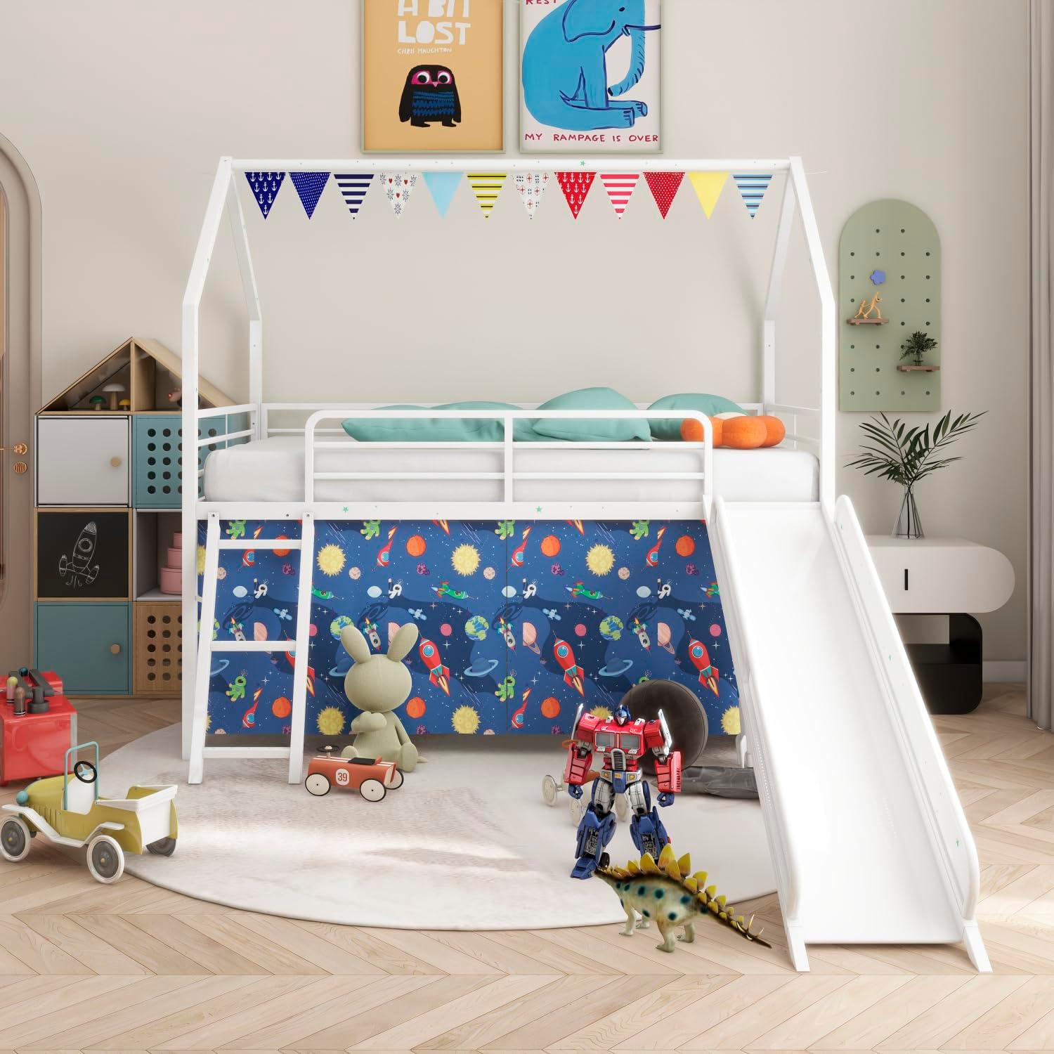 Jack Metal Junior House Twin Loft Bed with Slide and Curtain Set White+Blue Playful Haven with DIY Fun Family-Friendly Kids Room Decor