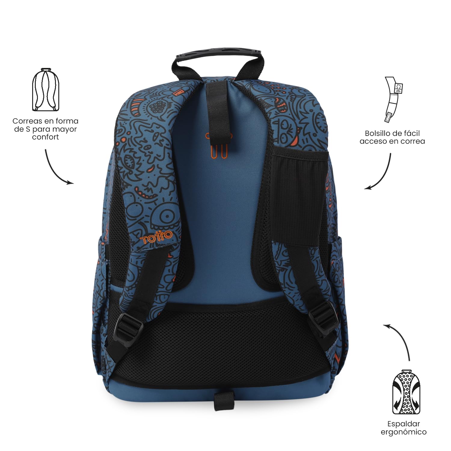 TOTTO - Mochila Escolar Adaptable a Carro, Modelo Acuareles, Capacidad 20 L, Bolsillo Pc 14", Bolsillos Botella, Espaldar Ergonómico con Flujo de Aire, Cómodas Correas en S, Estampado Grafer