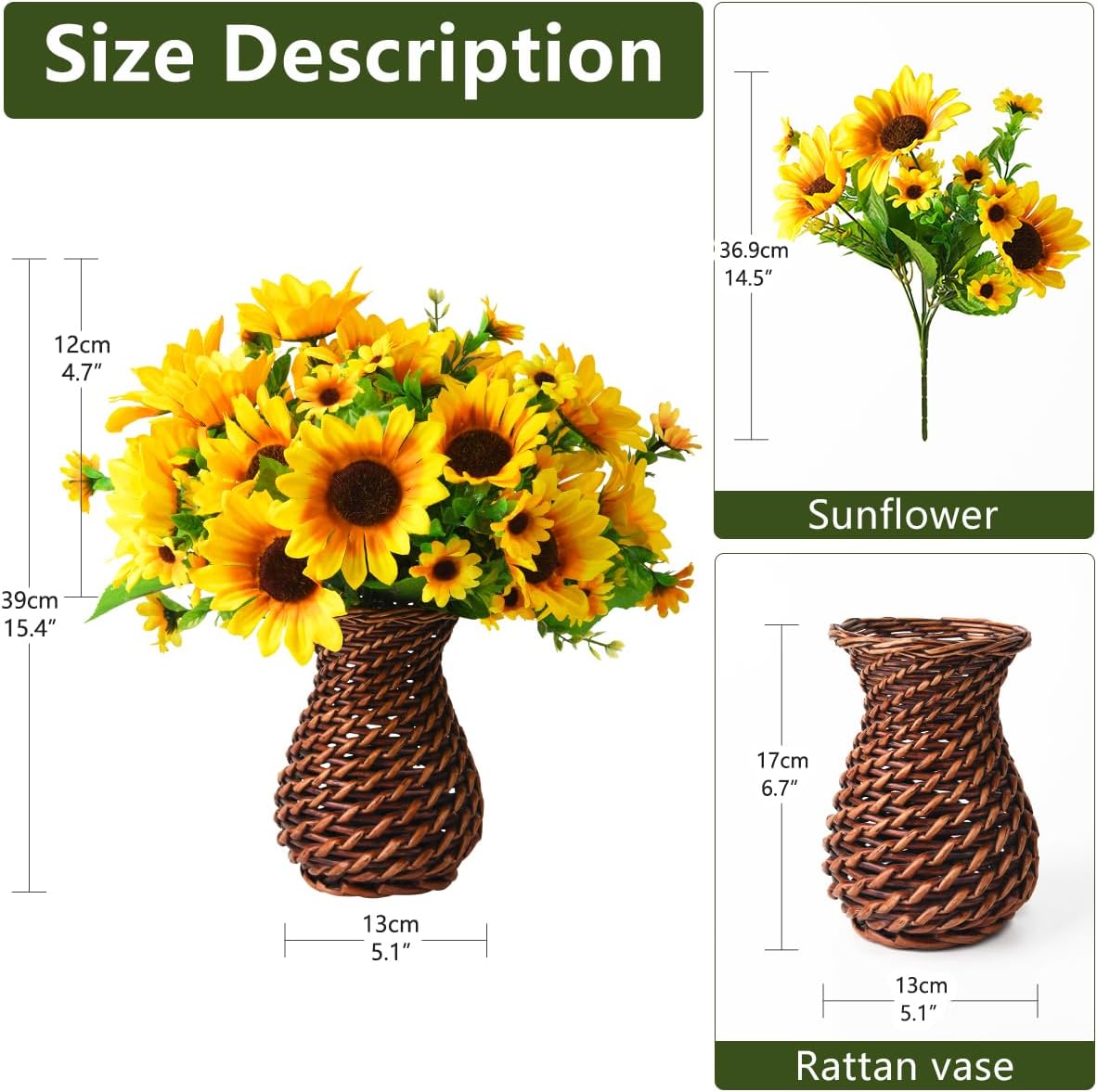 Homsunny Sunflowers Artificial Flowers Plants for Table Centerpieces Spring Decorations, 7 Pcs Fake Silk Floral Arrangements in Vase for Home Dinning Room Office Tabletop Decor(Handmade Red Rattan)