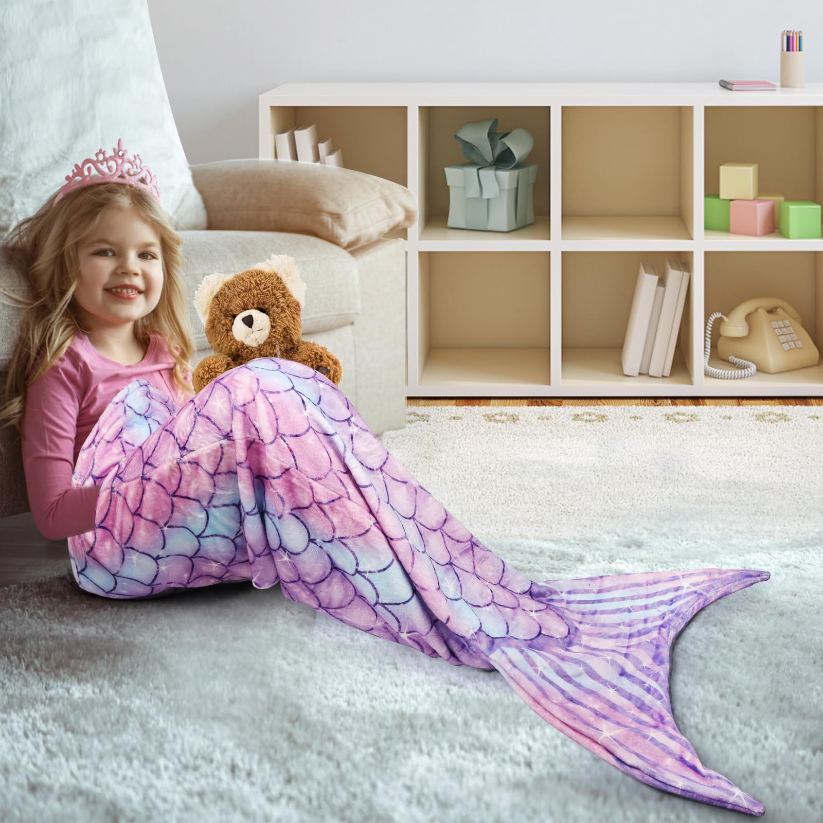 Cyiecw Meerjungfrau Decke Mädchen Kinder, Weiche Flanell Meerjungfrauenflosse Schlafsack, 140x47cm Kuscheldecke für Kinder und Erwachsene für alle Jahreszeiten, Geschenk zum Geburtstag Küche, Haushalt & Wohnen