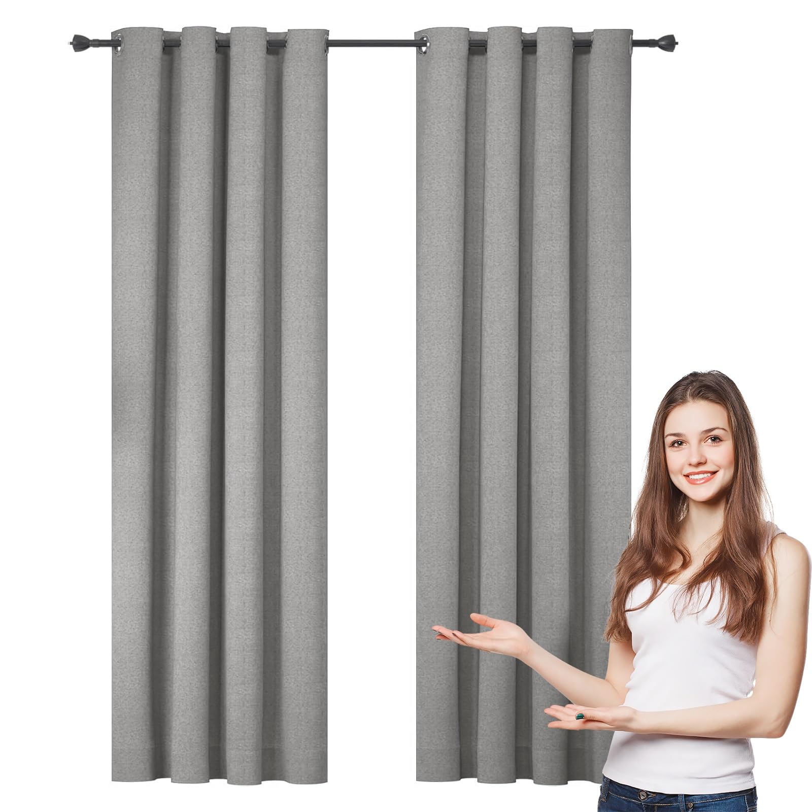 WUXXIANG Blackout Curtains with Tiebacks 220 x 250 cm Super Soft Thermal Insulated, Curtains for Bedroom Complete Blackout Curtain, with Blackout Lining, for Living Room/Kitchen, Light Grey — image 1