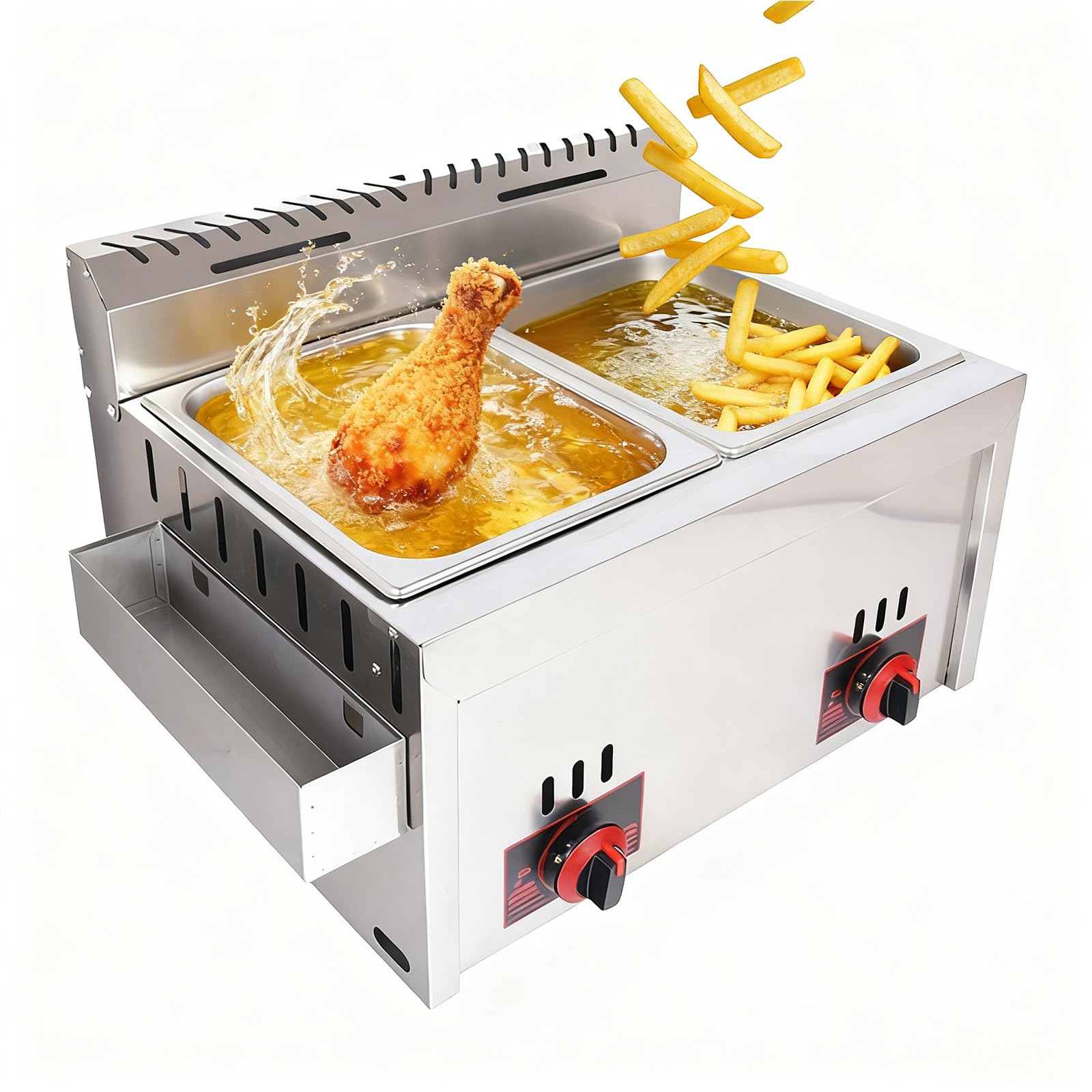 Deep Fryer Friggitrice a Gas GPL Professionale Doppio Cestello da 20 L, Friggitrice a Gas Commerciale in Acciaio Inossidabile Potenza di Fuoco Regolabile, Facile da Pulire, Cestello Staccabili