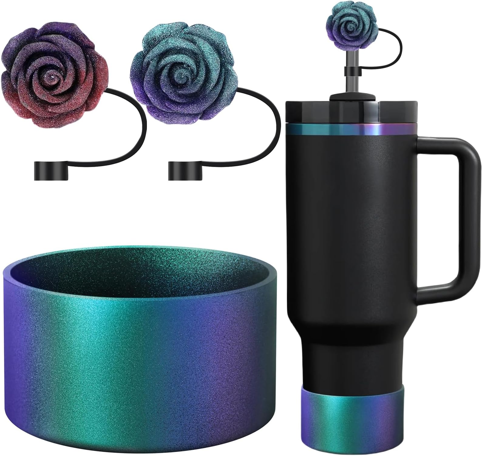 Gradient Silicone Boot and 2 PCS 10MM Glitter Straw Cover, Anti-Slip Sleeves Bottom Protector Compatible with Stanley Cup 20 30 40 Oz Water Bottle 2.8-3IN Base Tumbler Accessories Women Gifts