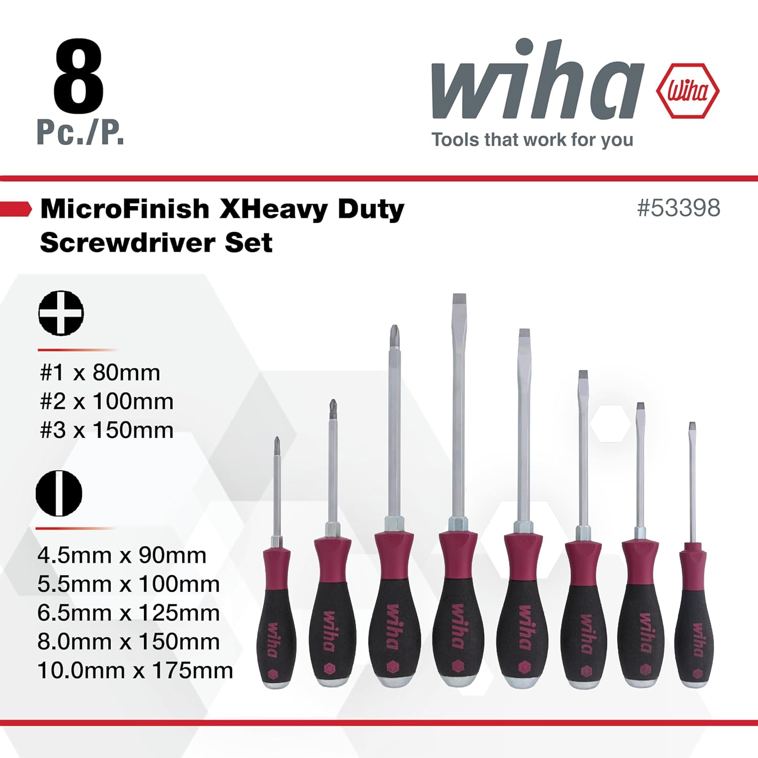 Wiha 53398 Screwdriver Set, Slotted And Phillips, Heavy Duty MicroFinish Handle, 8 Piece