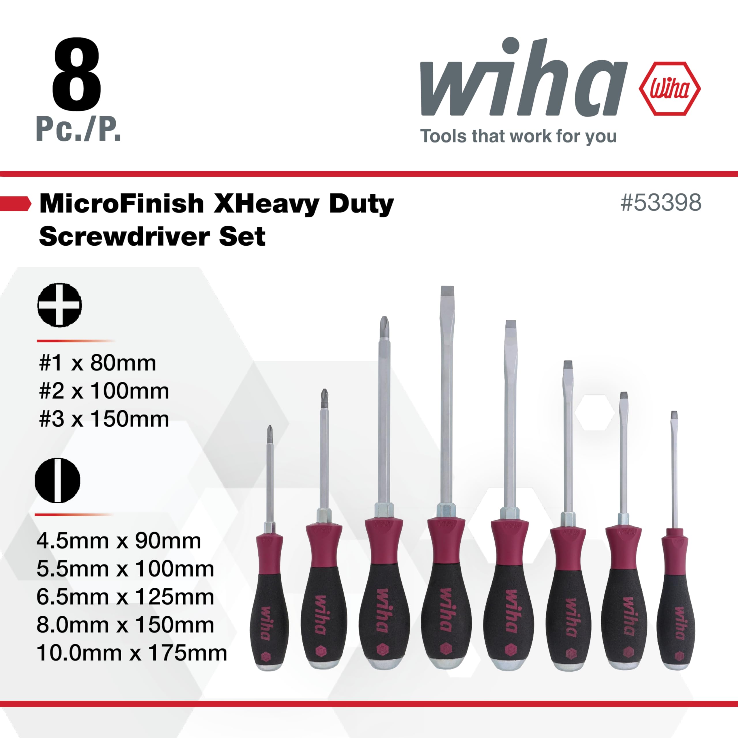 Wiha 53398 Zestaw wkrętaków, szczelinowe i krzyżakowe, wytrzymały uchwyt MicroFinish 8 sztuk