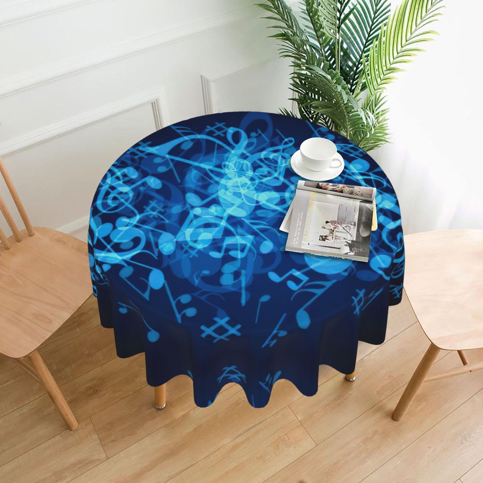 Uusnwaa Blue Musical Notes Print Round Tablecloth 60 Inch, Stain Wrinkle Resistant Washable Polyester Table Cover For Kitchen Party