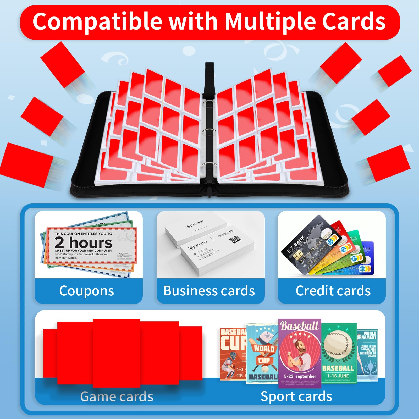 Carpeta de tarjetas coleccionables de 9 bolsillos, 900 bolsillos con 50 fundas extraíbles para tarjetas de juego, libro de tarjetas premium, tarjetas de juego y tarjetas deportivas (rojo, 9
