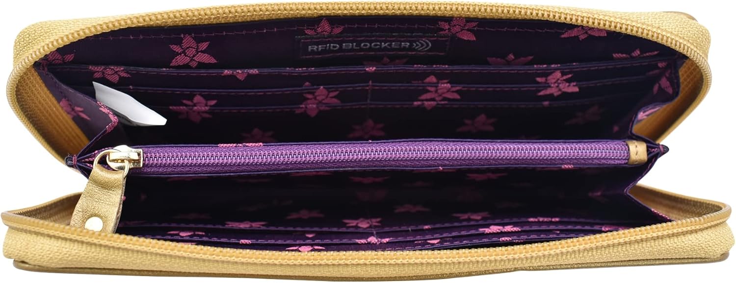Anuschka RFID Blocking Wristlet Travel Wallet, Wanderlust Collection, Nylon Fabric, Genuine Leather Trim and Artwork Print