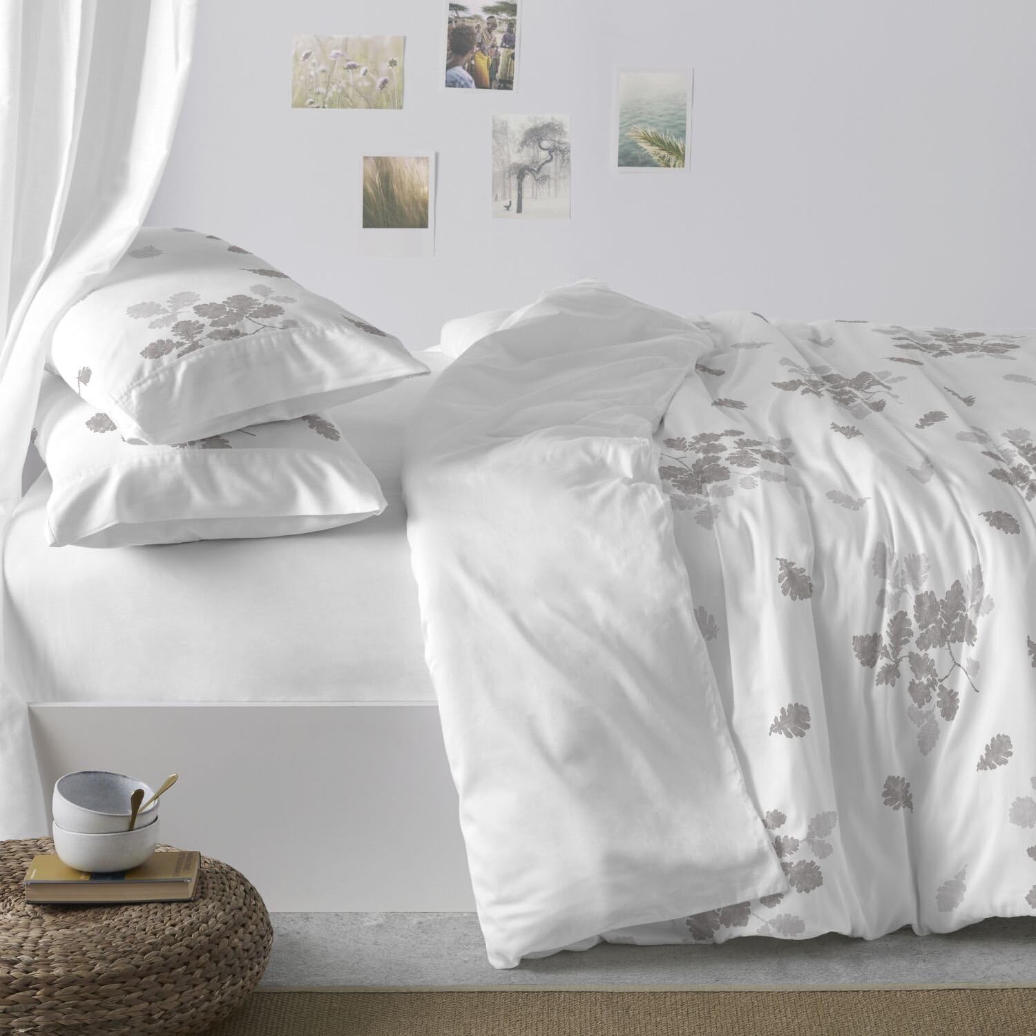 Burrito Blanco Funda Nórdica Estampada 100% Algodón 200 Hilos Cama 135 Gris | Incluye Bajera y 2 Fundas de Almohada | Cierre de Botones | Tacto Suave | Larga Duración | Fácil Planchado | Apto Secadora