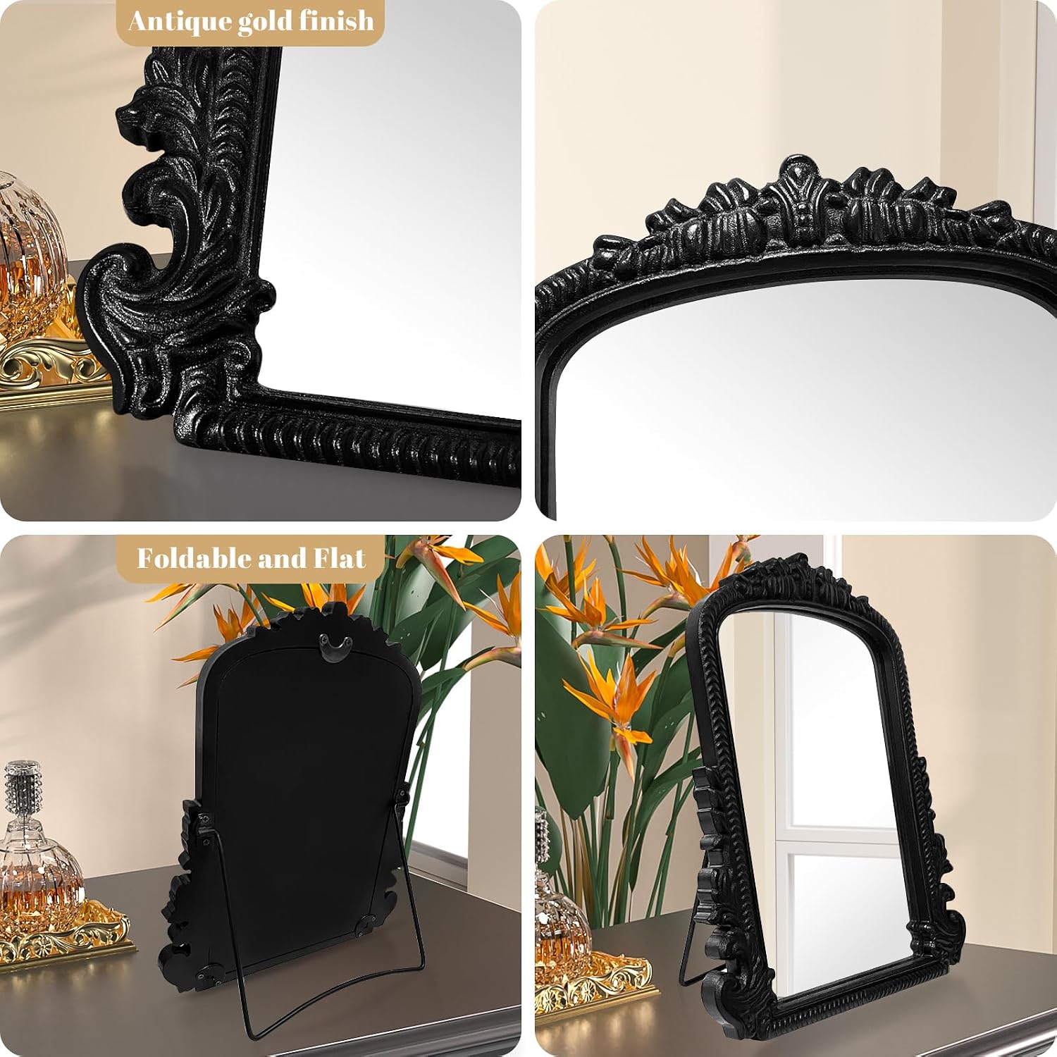 Vintage Vanity Makeup Mirror, Black Arched Tabletop Mirror for Makeup and Room Decor, Antique Decorative Standing Mirror with Carved Frame, Desk Mirror for Bedroom, Living Room, Dresser 11.8"x9.6"