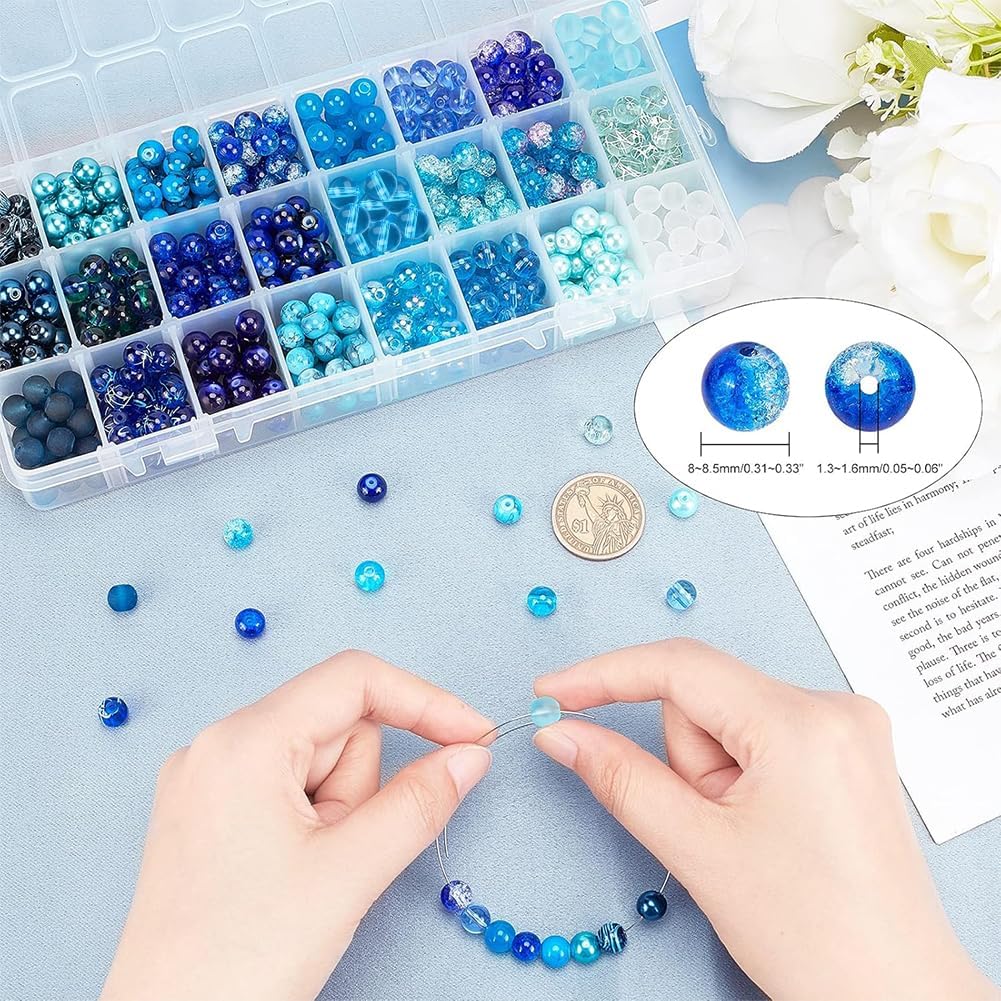 PH PandaHall 720pcs 8mm Blue Beads for Jewelry Making Glass Beads 24 Color Bracelet Bead Round Craft Loose Bead for Bracelets Necklaces Earring Summer Hawaii Boho Heshi Surfer Wave Jewelry Making image 3