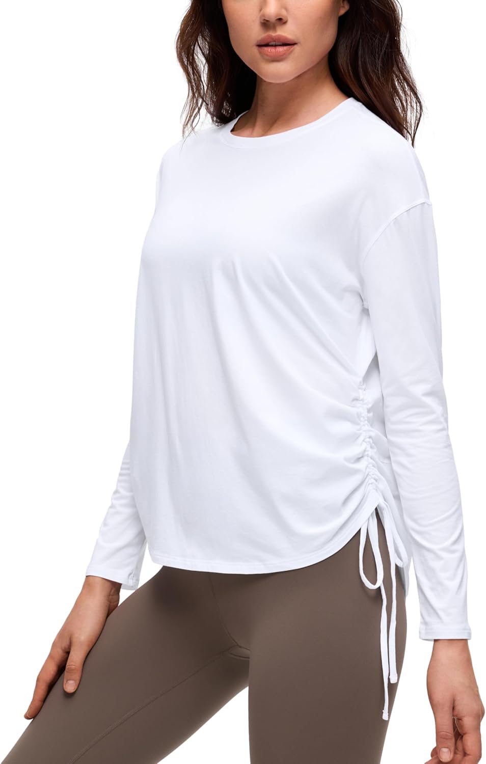 CRZ YOGA Pima Cotton Side Ruched Shirts for Women - Casual Workout Yoga Long Sleeve Tops Loose Crewneck Soft Comfort T-Shirts