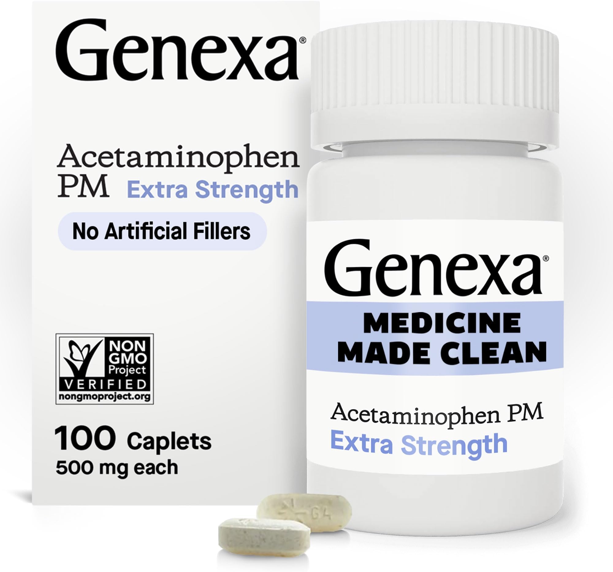 Genexa Clean Acetaminophen PM 500mg Extra Strength, Dye Free Pain Reliever, Nighttime Sleep Aid, Fever Reducer, 0% Artificial Additives, Relieves Headache, Backache, Minor Arthritis Pain, 100 Tablets