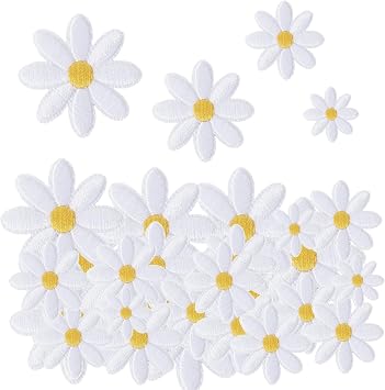 40PCS Daisy Flower Iron on Patches   4 Sizes White Daisy Embroidery Sew on Patches for Clothing Repair   Iron on Flowers for Clothes, Bags, Hats   Embroidered Applique Patch for DIY Crafts