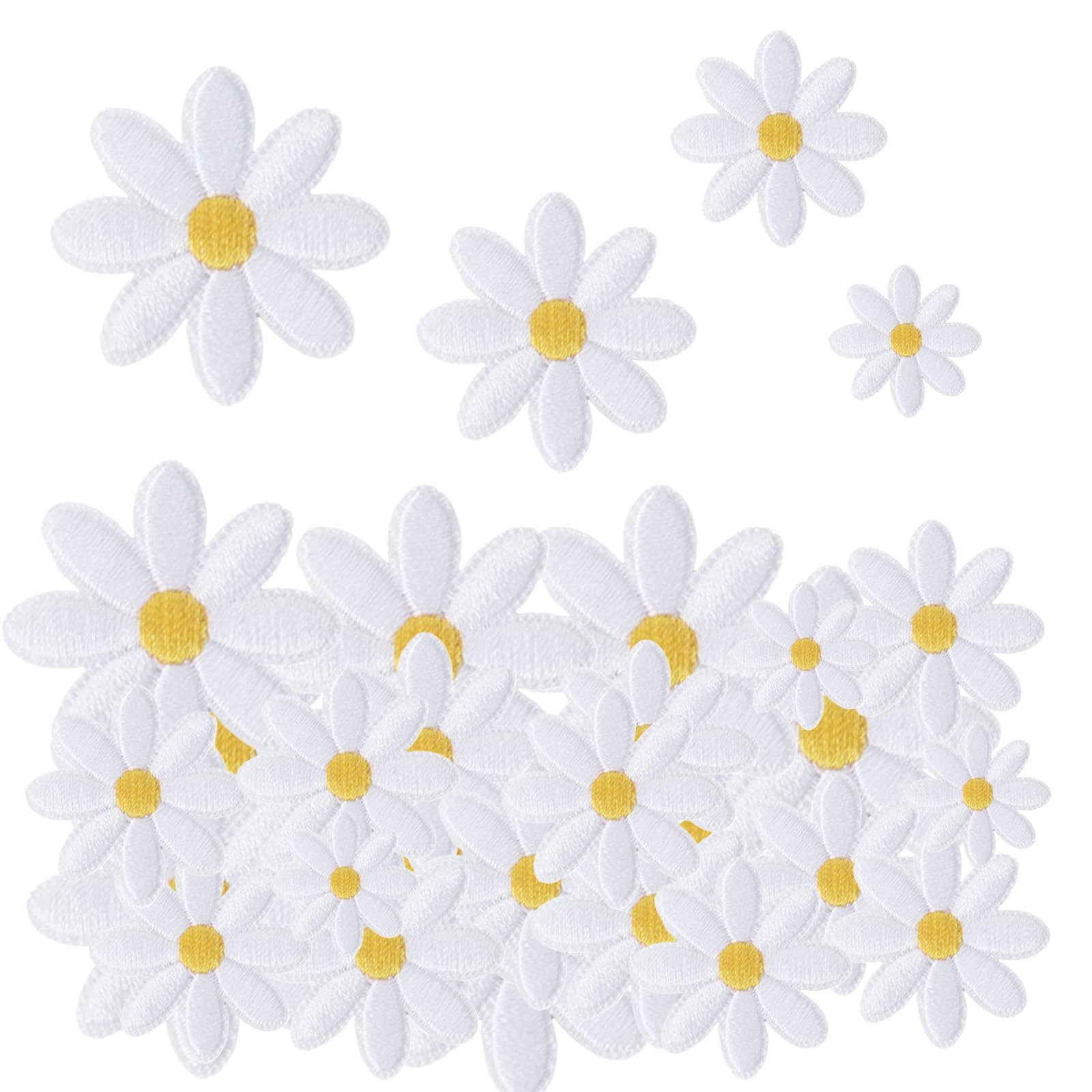 40PCS Daisy Flower Iron on Patches – 4 Sizes White Daisy Embroidery Sew on Patches for Clothing Repair – Iron on Flowers for Clothes, Bags, Hats – Embroidered Applique Patch for DIY Crafts