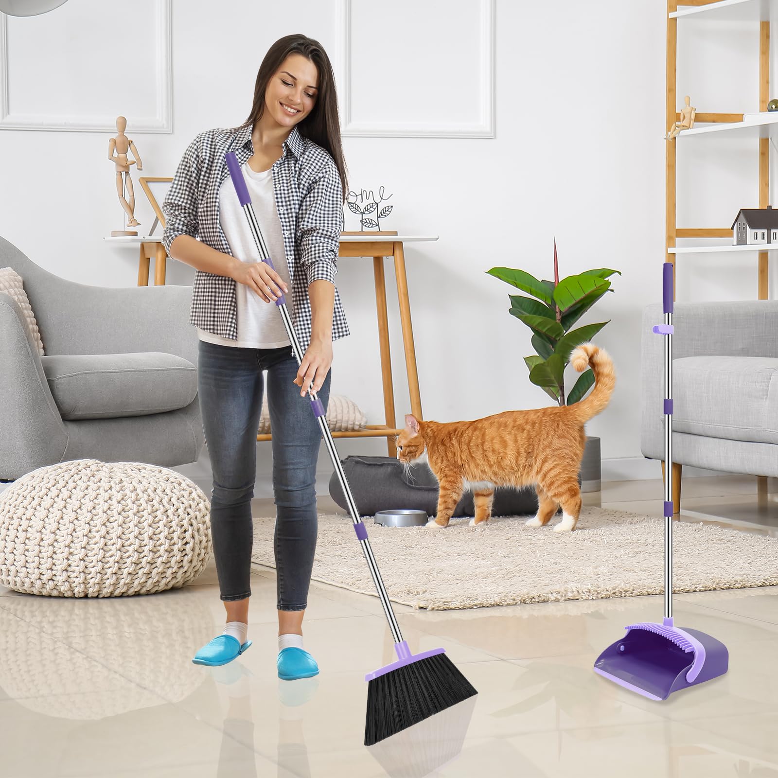 NACENA Besen- und Kehrschaufel-Set, 132,1 cm lang, Verstellbarer Griff, Besen, Kehrschaufel mit Kehrschaufelzähnen zur automatischen Haarreinigung, geeignet für Zuhause, Küche, Büro, Flur, Boden
