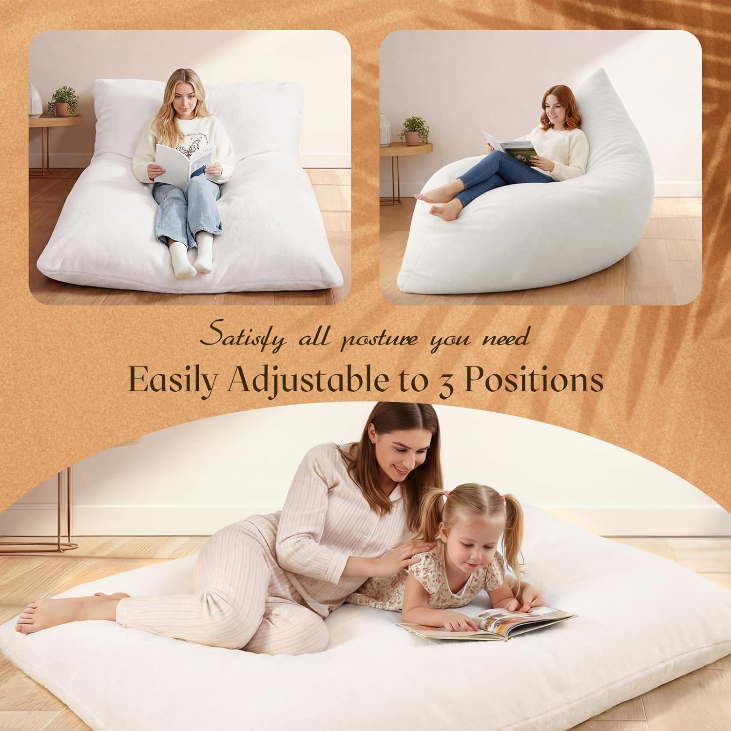 Honeydak 3 in 1 Giant Bean Bag Chair Cover Only (No Filler) Convertible Stuffed Animal Storage Bean Bag Large Lazy Floor Sofa Cover Soft Washable for Living Room Bedroom(Creamy White,Milk Velvet)