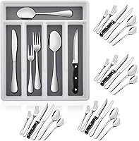 Vista 1 de E-far Juego de cubiertos de 24 piezas con bandeja organizadora y cuchillos para carne, cubiertos de acero inoxidable para 4, utensilios básicos