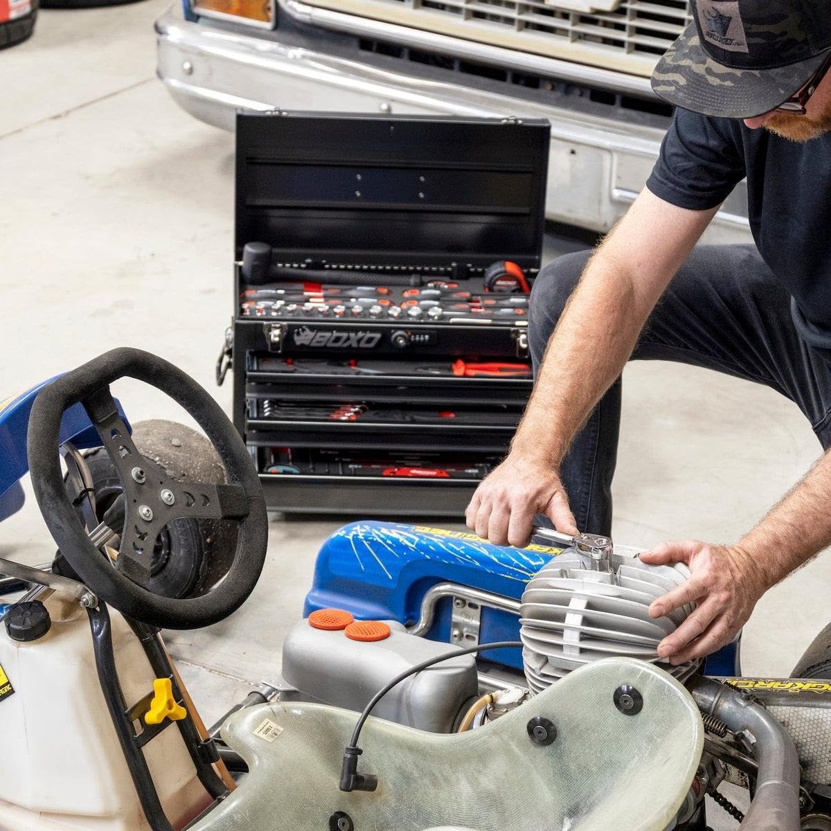 BOXO USA 69-Piece Metric Go Kart Tool Kit With Black 3-Drawer Hand Carry Tool Box (Black)