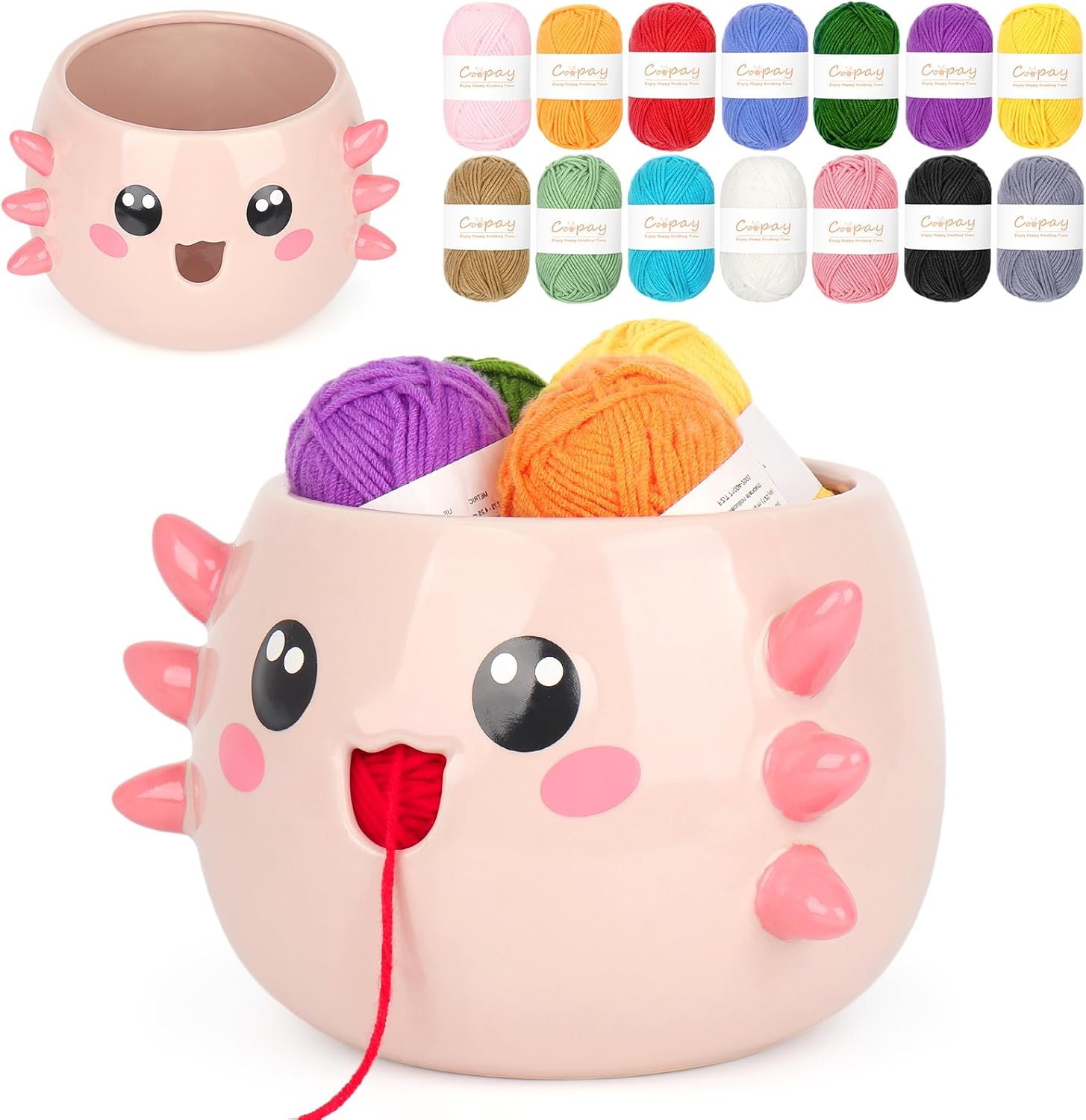 Coopay Axolotl Yarn Bowl for Crocheting/Knitting, Cute Bowl with 14 Pcs Yarn, Large Size Crochet Organizer for Beginners