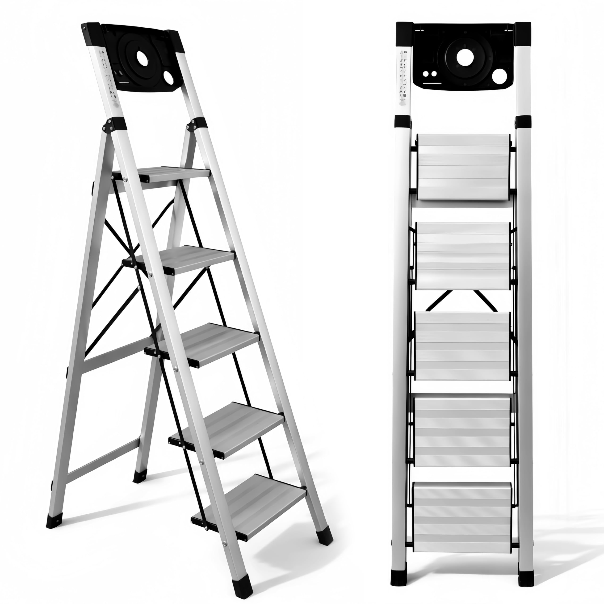 UZIRO Escalera Plegable Aluminio 5 Peldaños Anchos | Liviana, Porta Herramientas, Peldaños Anchos Antideslizantes, Compacta, Fácil de Utilizar