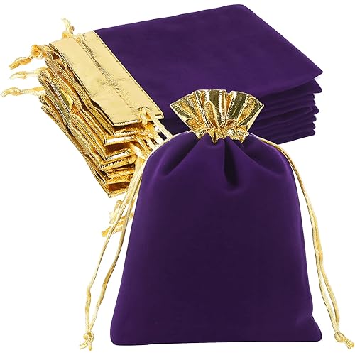 HRX Package 10pcs Velvet Bags with Drawstrings 5x7 inch, Purple Gold Cloth Jewelry Pouches Baggies Sacks for Small Gift Dice Party Favor