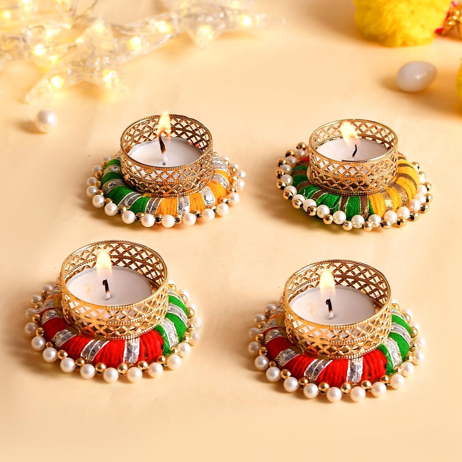 Ascension Set of 4 Peacock Designer Tealight Candle Holders for Side or Center Table Dining Room Christmas Lighting Home Decoration Diwali Gifts Navratri Dussehra Diya for Home Decoration (Design 3)